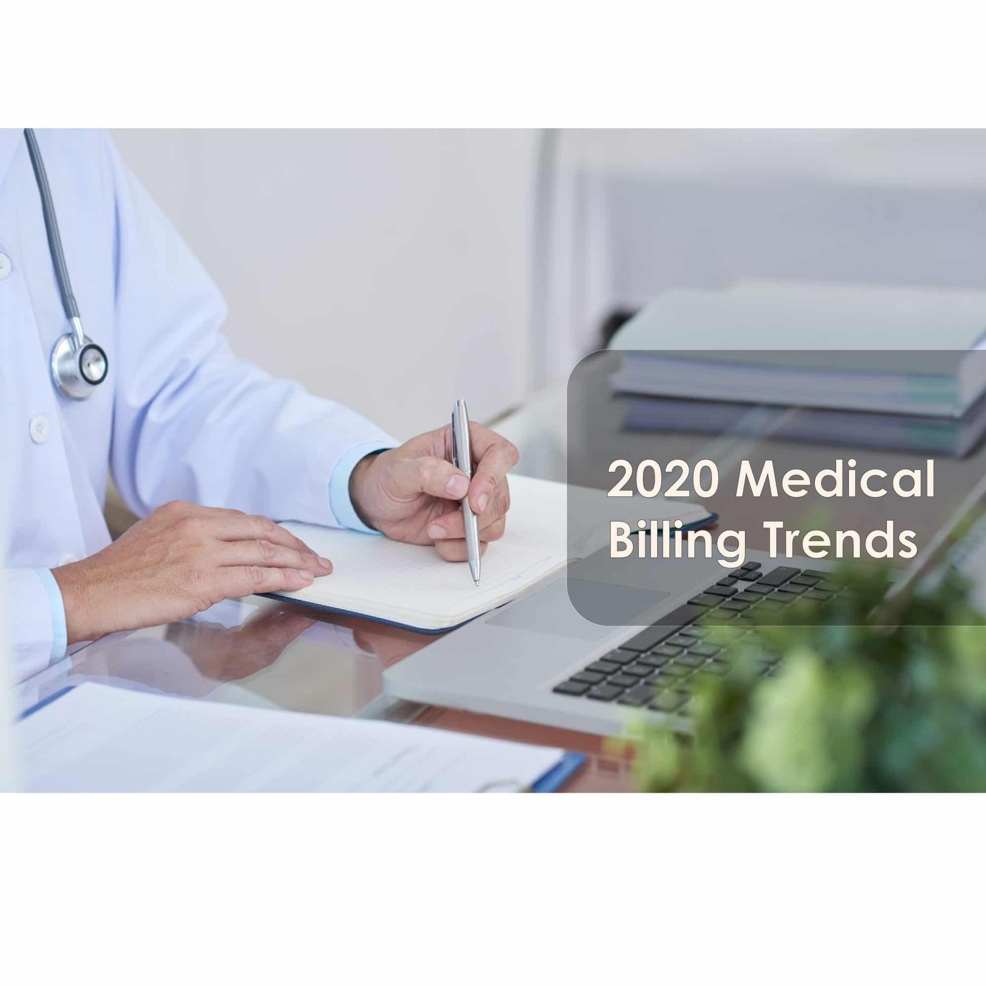 Doctor writing notes next to a laptop completing medical billing.