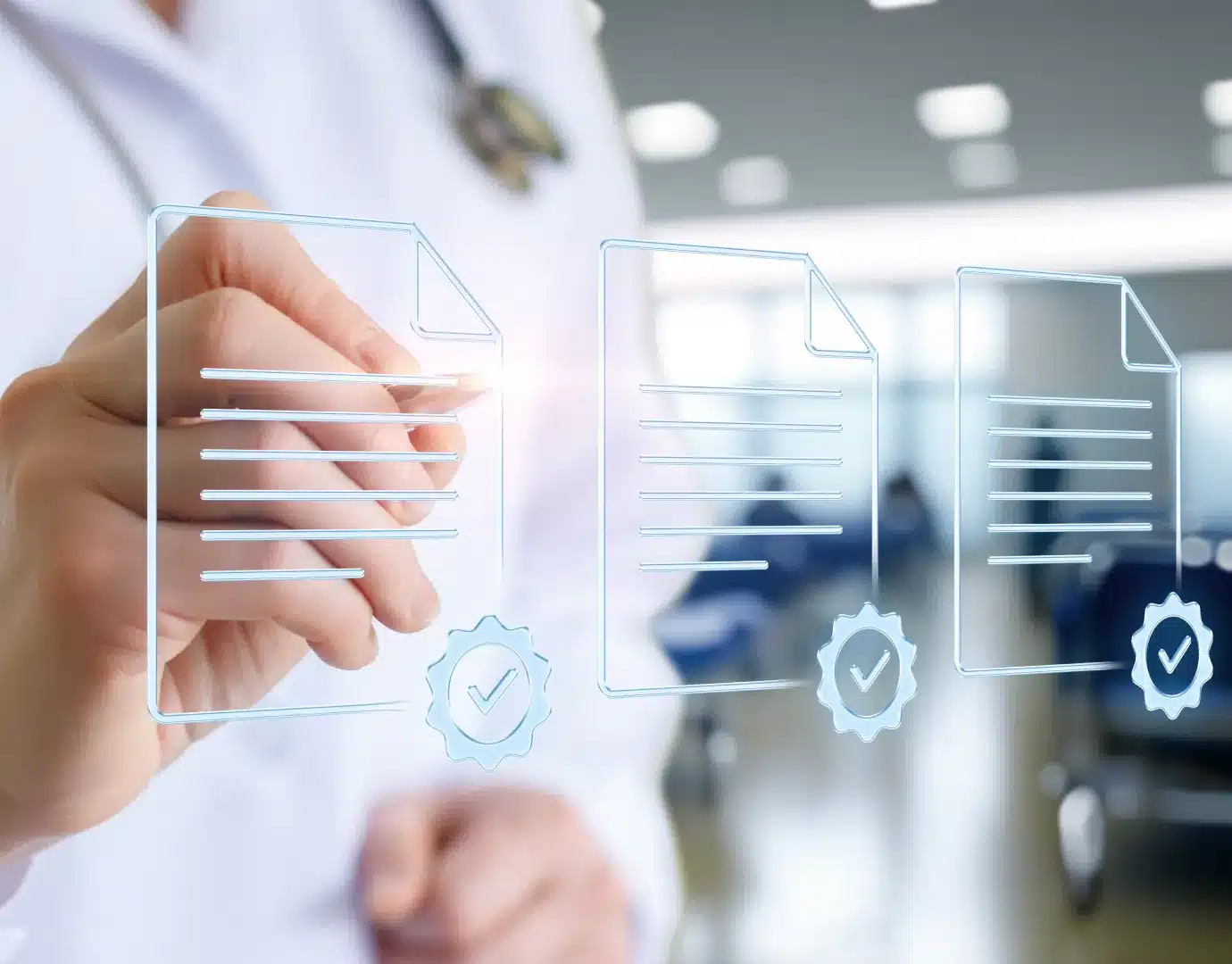 Physician's hand touching three glowing verified document icons in a clinical setting.