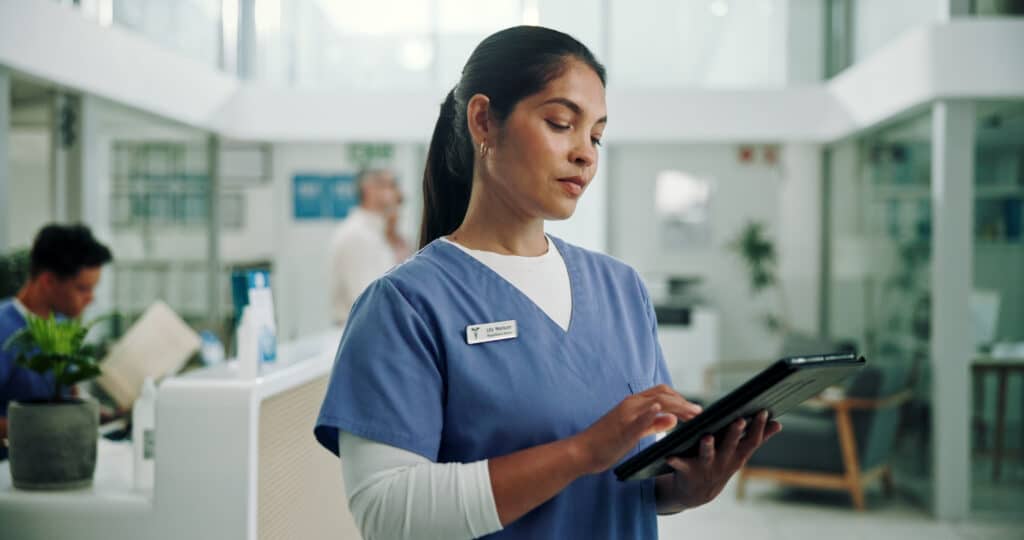 Nurse, tablet and research with woman in hospital for patient files, digital schedule and medical network. Telehealth, insurance and planning with person in clinic for healthcare and online report.