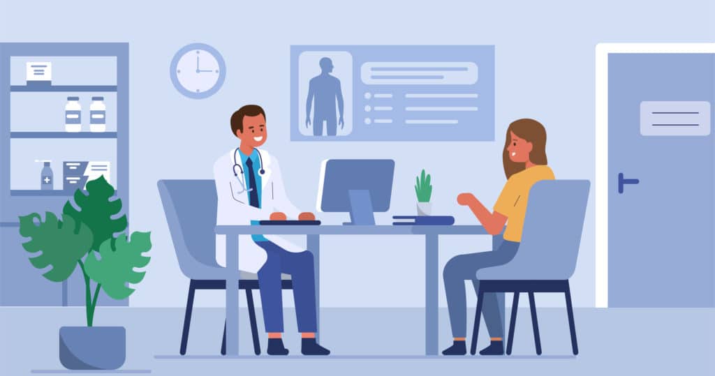 Woman talking with man doctor in his office. Patient having consultation with doctor therapist in hospital. Male and female medical people characters