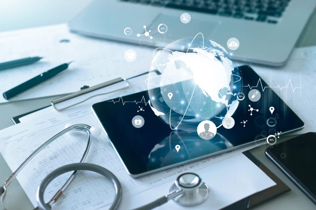 Medical global networking and healthcare global network connection on tablet