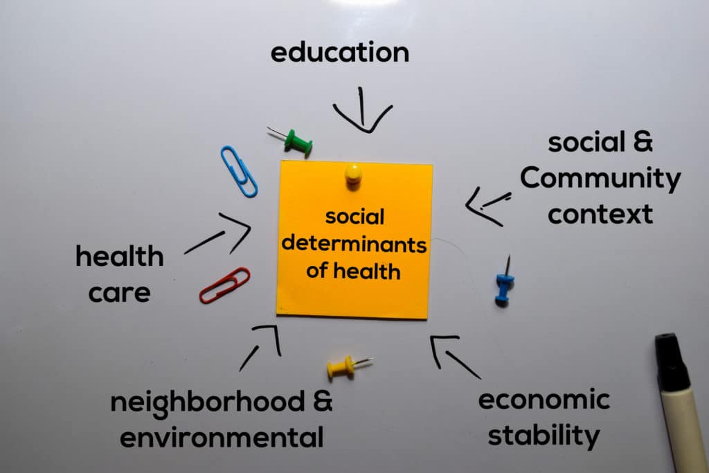 Social Determinants of Health Method text with keywords isolated on white board background.