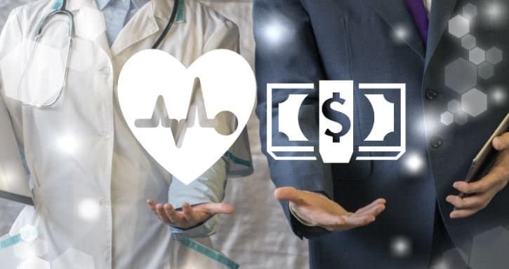 doctor holding heart icon, and business person holding dollar icon