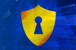 yellow shield with a lock in front of a blue background