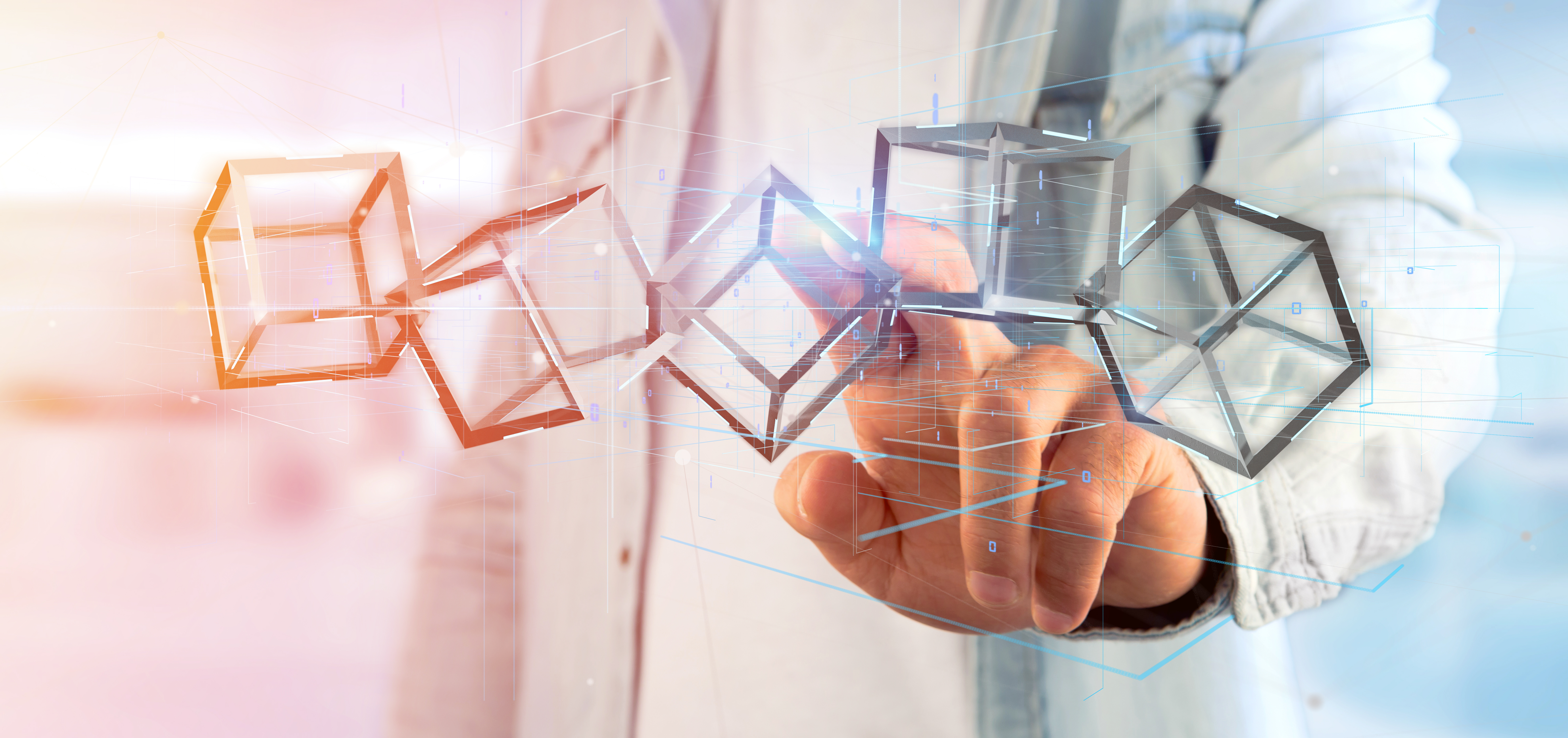 Man holding a 3d rendering blockchain cube isolated on a background.