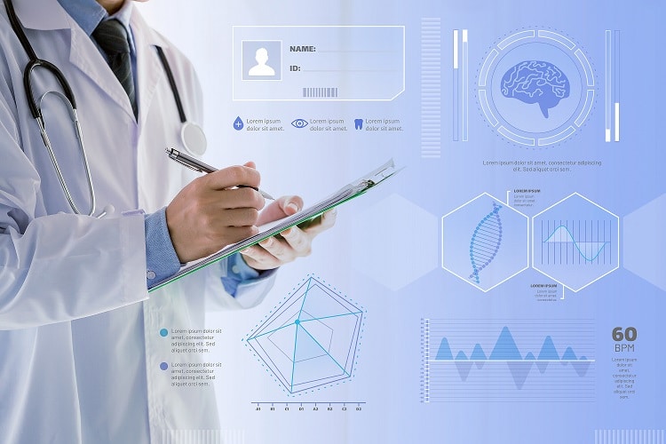 Doctor holding clipboard surrounded by digital graphs, and reports.