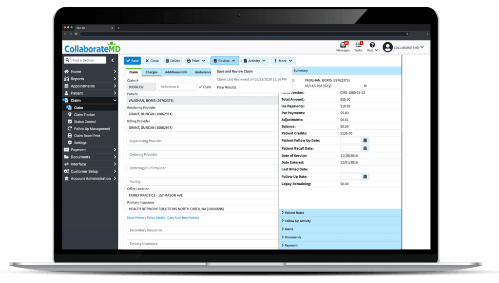 Electronic Medical Claims Submission Screenshot