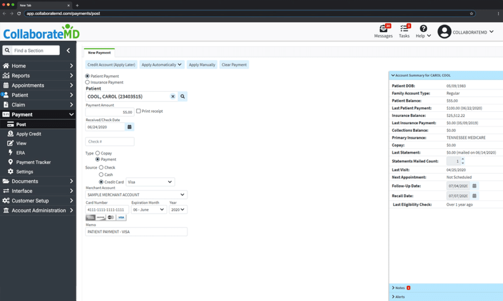 CollaborateMD Patient Payment Posting Screenshot