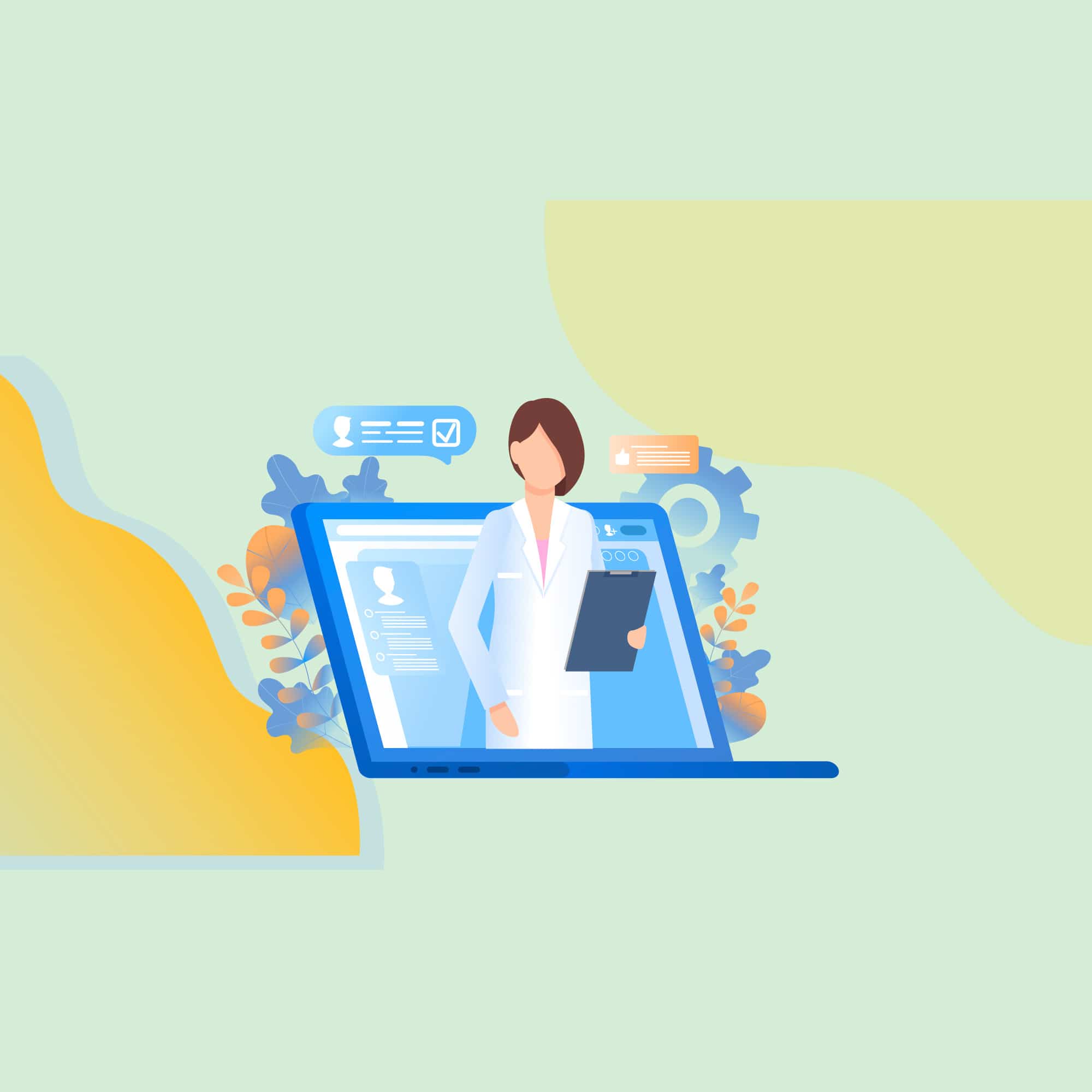 Illustration of doctor inside laptop working as a telemedicine doctor