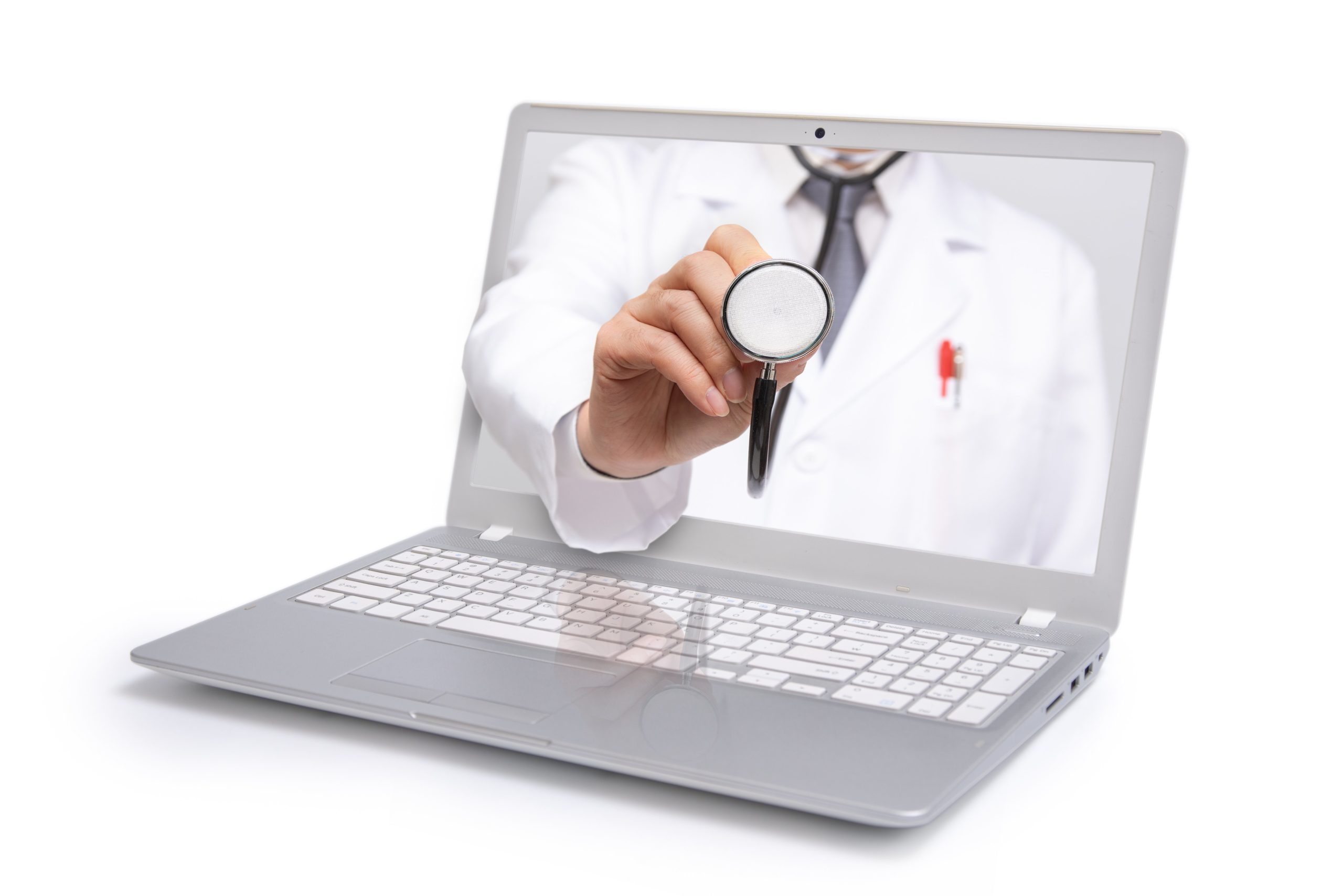 Doctor holding stethoscope in laptop